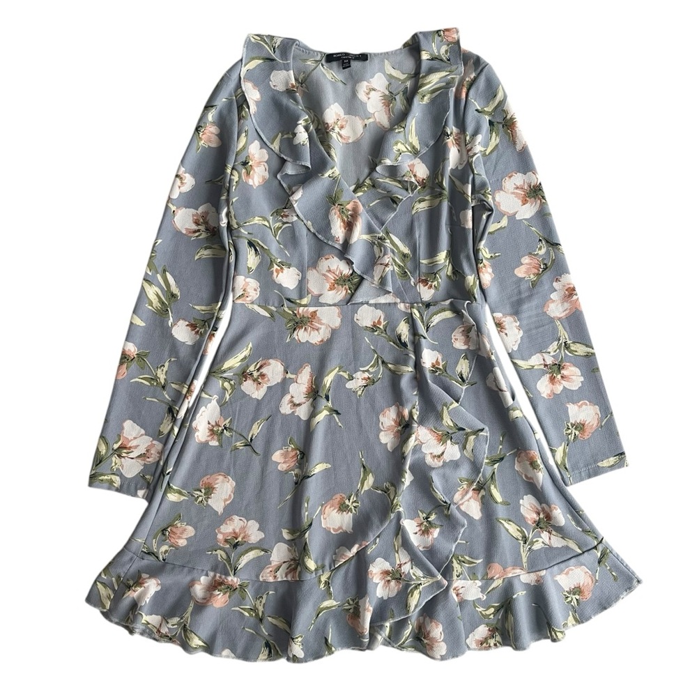 Romeo & Juliet Couture Womens M Sage Grey Floral Ruffle Long Sleeve V-neck Dress